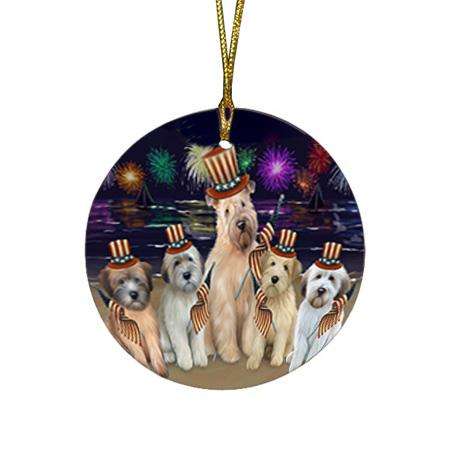 4th of July Independence Day Firework Wheaten Terriers Dog Round Flat Christmas Ornament RFPOR52068