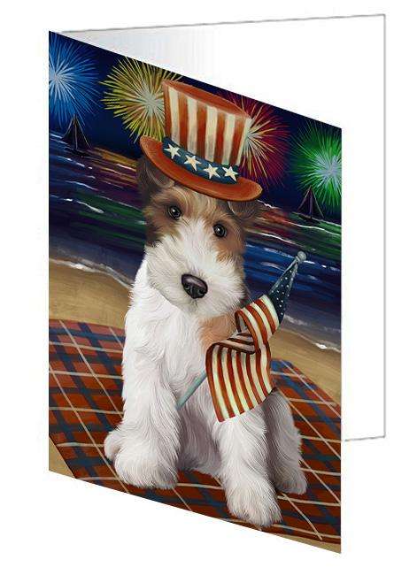 4th of July Independence Day Firework Wire Fox Terrier Dog Handmade Artwork Assorted Pets Greeting Cards and Note Cards with Envelopes for All Occasions and Holiday Seasons GCD61451