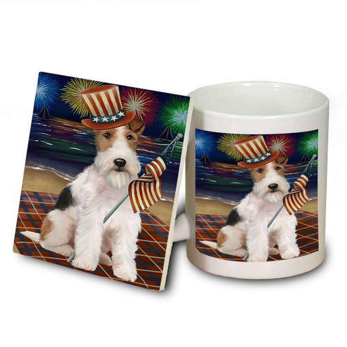 4th of July Independence Day Firework Wire Fox Terrier Dog Mug and Coaster Set MUC52463