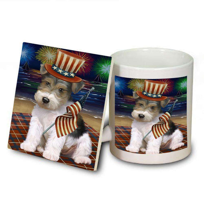 4th of July Independence Day Firework Wire Fox Terrier Dog Mug and Coaster Set MUC52465