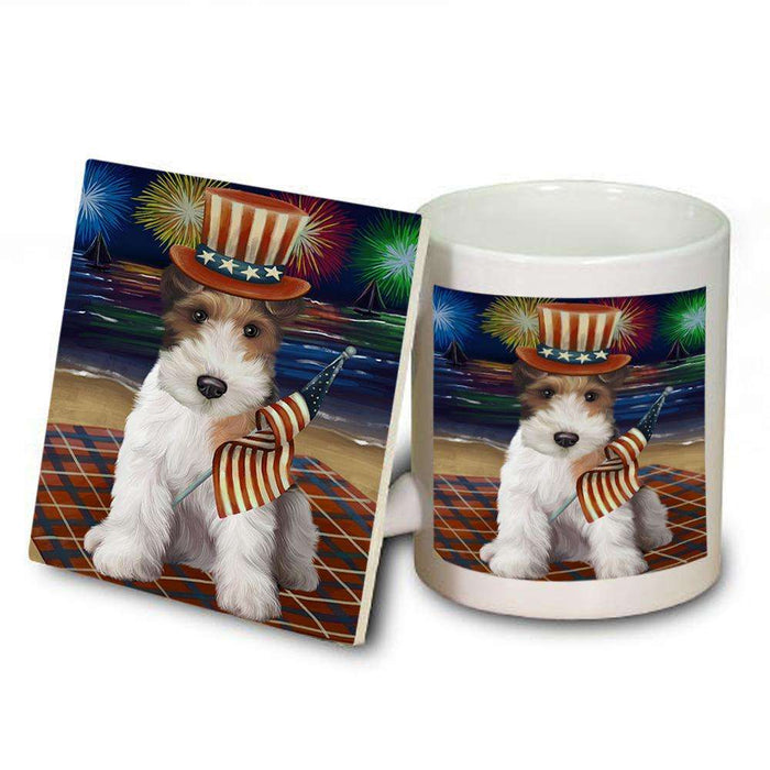 4th of July Independence Day Firework Wire Fox Terrier Dog Mug and Coaster Set MUC52466