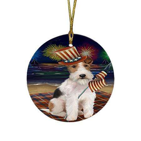 4th of July Independence Day Firework Wire Fox Terrier Dog Round Flat Christmas Ornament RFPOR52462