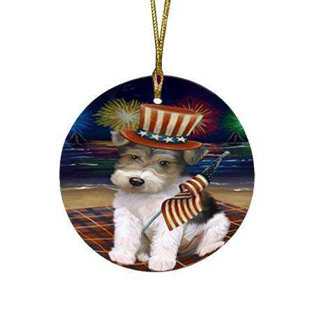 4th of July Independence Day Firework Wire Fox Terrier Dog Round Flat Christmas Ornament RFPOR52464