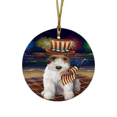 4th of July Independence Day Firework Wire Fox Terrier Dog Round Flat Christmas Ornament RFPOR52465