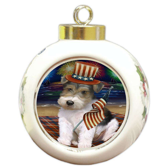 4th of July Independence Day Firework Wire Hair Terrier Dog Round Ball Christmas Ornament RBPOR52083