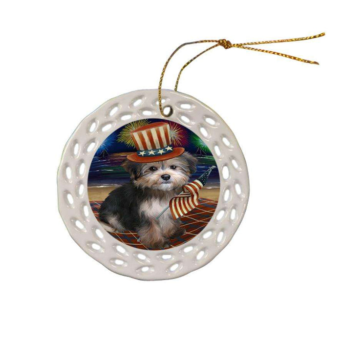 4th of July Independence Day Firework Yorkipoo Dog Ceramic Doily Ornament DPOR49639