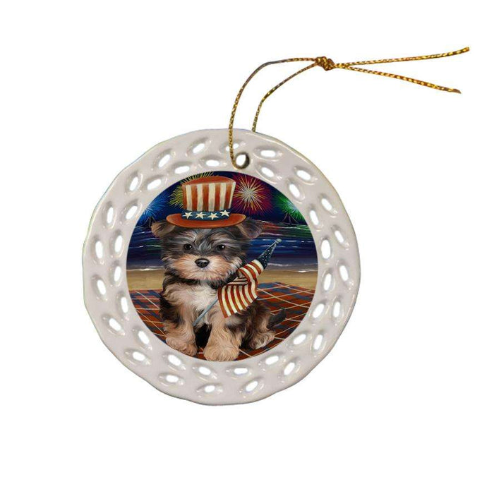 4th of July Independence Day Firework Yorkipoo Dog Ceramic Doily Ornament DPOR49641