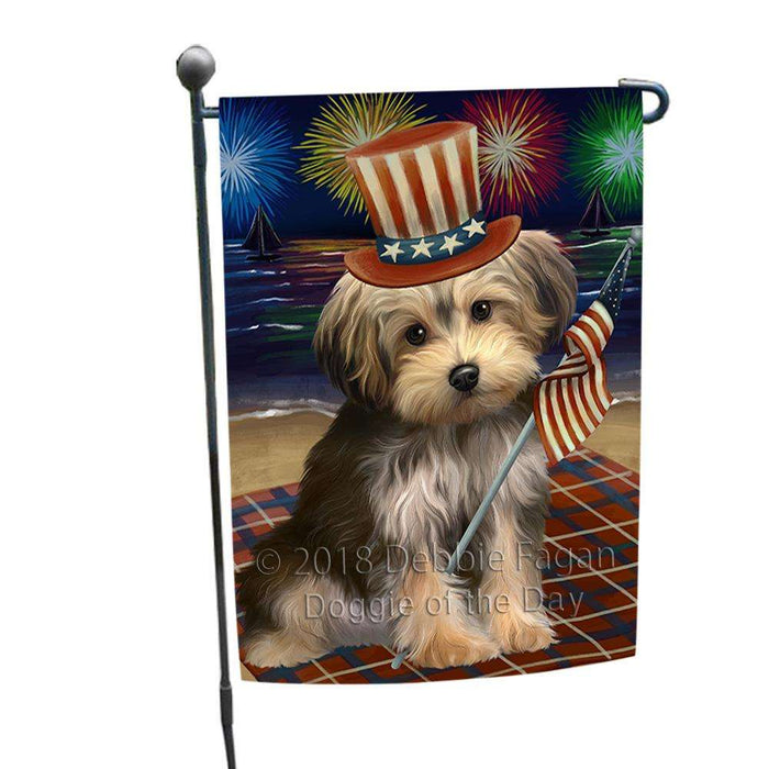 4th of July Independence Day Firework Yorkipoo Dog Garden Flag GFLG49466