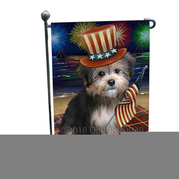 4th of July Independence Day Firework Yorkipoo Dog Garden Flag GFLG49468