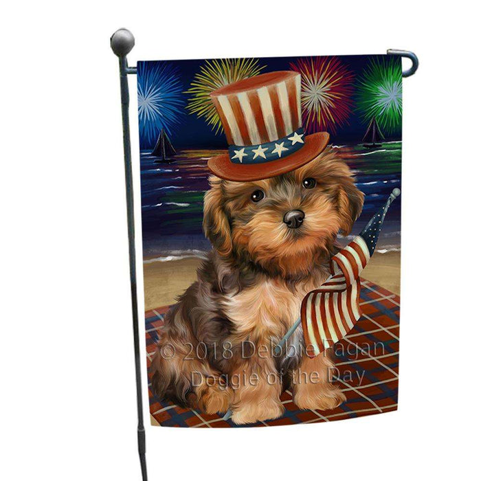 4th of July Independence Day Firework Yorkipoo Dog Garden Flag GFLG49469