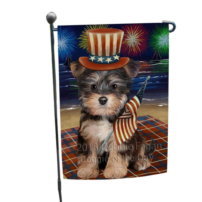 4th of July Independence Day Firework Yorkipoo Dog Garden Flag GFLG49470