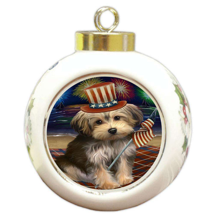 4th of July Independence Day Firework Yorkipoo Dog Round Ball Christmas Ornament RBPOR49637