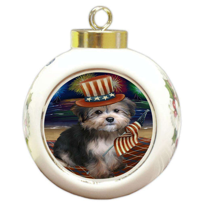 4th of July Independence Day Firework Yorkipoo Dog Round Ball Christmas Ornament RBPOR49639