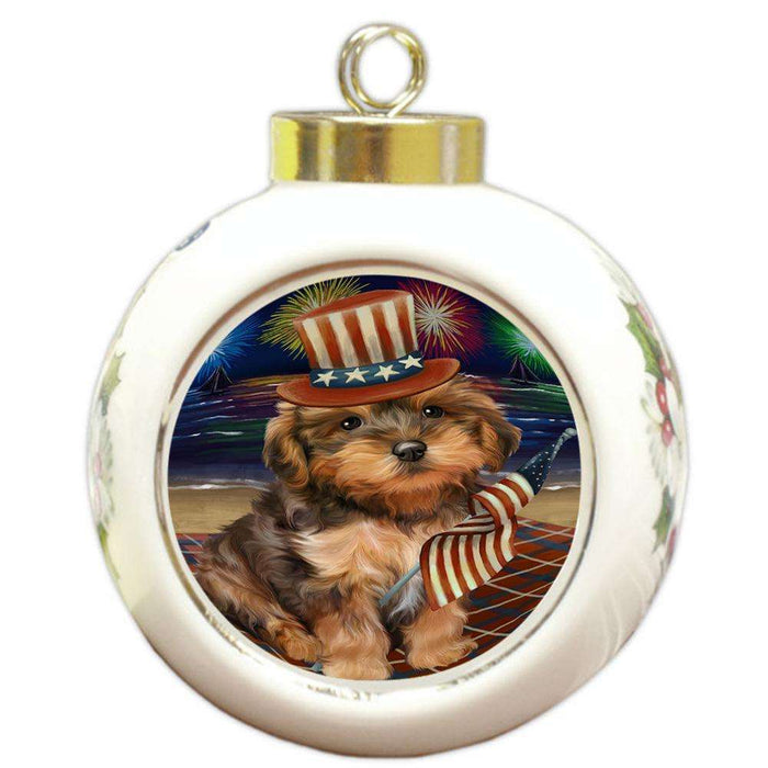 4th of July Independence Day Firework Yorkipoo Dog Round Ball Christmas Ornament RBPOR49640