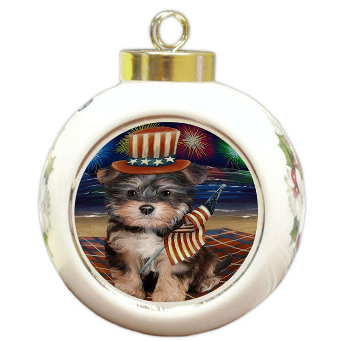 4th of July Independence Day Firework Yorkipoo Dog Round Ball Christmas Ornament RBPOR49641
