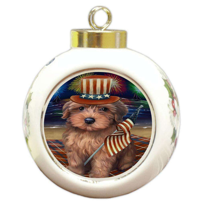 4th of July Independence Day Firework Yorkipoo Dog Round Ball Christmas Ornament RBPOR49642