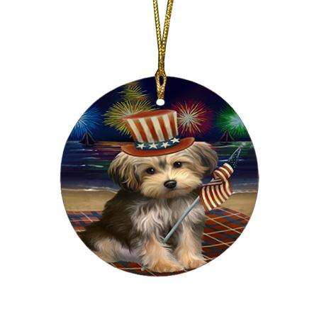 4th of July Independence Day Firework Yorkipoo Dog Round Flat Christmas Ornament RFPOR49628
