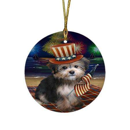 4th of July Independence Day Firework Yorkipoo Dog Round Flat Christmas Ornament RFPOR49630