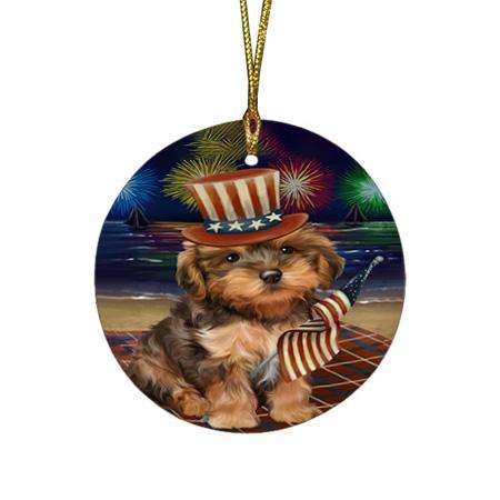 4th of July Independence Day Firework Yorkipoo Dog Round Flat Christmas Ornament RFPOR49631
