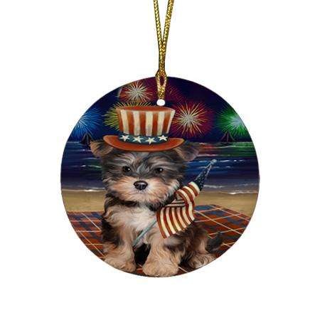 4th of July Independence Day Firework Yorkipoo Dog Round Flat Christmas Ornament RFPOR49632