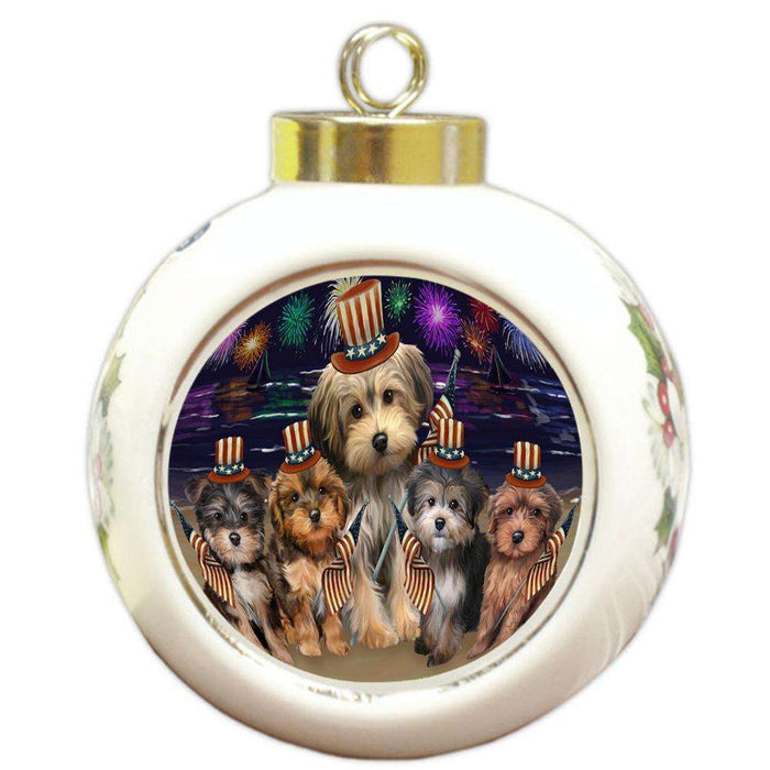 4th of July Independence Day Firework Yorkipoos Dog Round Ball Christmas Ornament RBPOR49638
