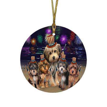 4th of July Independence Day Firework Yorkipoos Dog Round Flat Christmas Ornament RFPOR49629