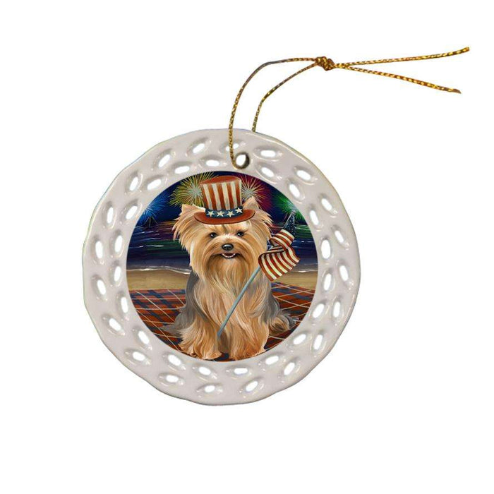 4th of July Independence Day Firework Yorkshire Terrier Dog Ceramic Doily Ornament DPOR49643