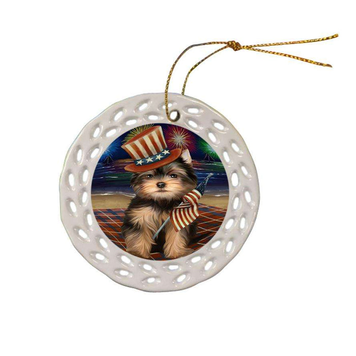 4th of July Independence Day Firework Yorkshire Terrier Dog Ceramic Doily Ornament DPOR49645