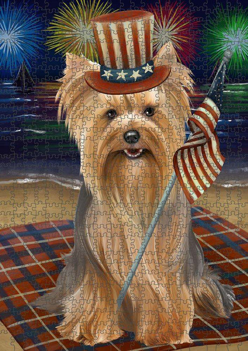 4th of July Independence Day Firework Yorkshire Terrier Dog Puzzle with Photo Tin PUZL52635