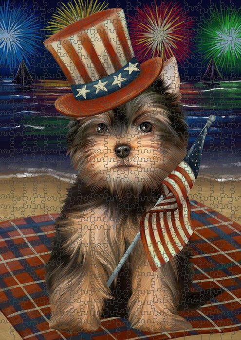 4th of July Independence Day Firework Yorkshire Terrier Dog Puzzle with Photo Tin PUZL52641