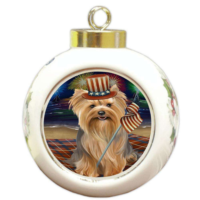 4th of July Independence Day Firework Yorkshire Terrier Dog Round Ball Christmas Ornament RBPOR49643