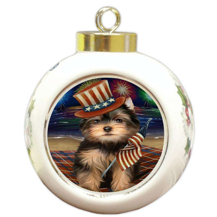 4th of July Independence Day Firework Yorkshire Terrier Dog Round Ball Christmas Ornament RBPOR49645