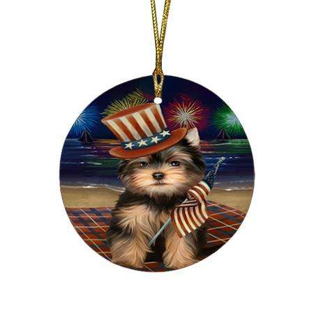 4th of July Independence Day Firework Yorkshire Terrier Dog Round Flat Christmas Ornament RFPOR49636