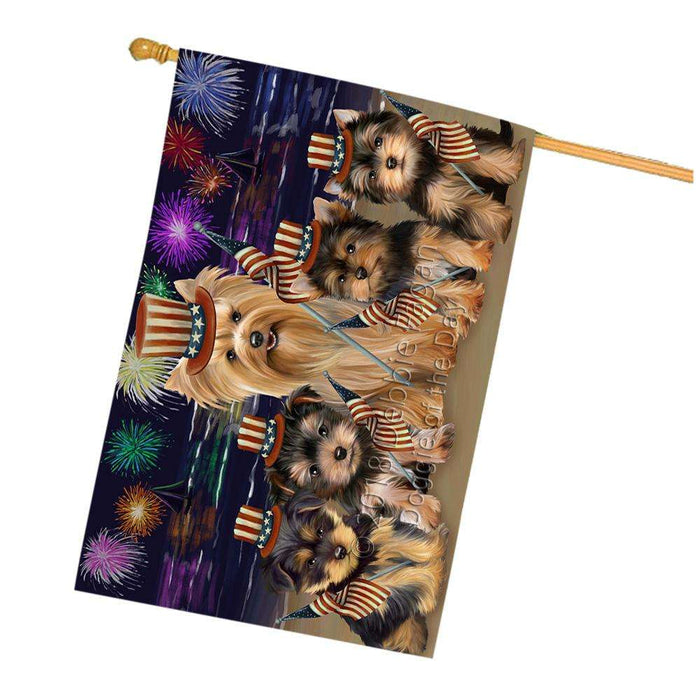 4th of July Independence Day Firework Yorkshire Terriers Dog House Flag FLG49609