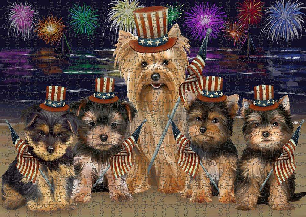 4th of July Independence Day Firework Yorkshire Terriers Dog Puzzle with Photo Tin PUZL52638