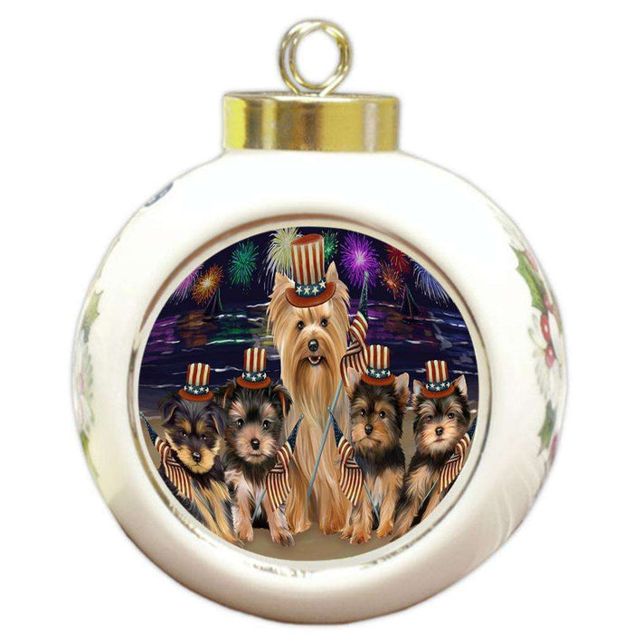 4th of July Independence Day Firework Yorkshire Terriers Dog Round Ball Christmas Ornament RBPOR49644