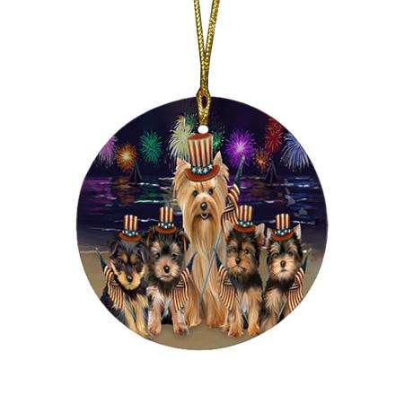 4th of July Independence Day Firework Yorkshire Terriers Dog Round Flat Christmas Ornament RFPOR49635