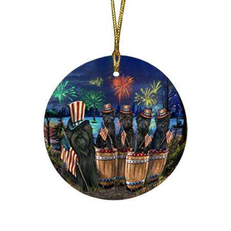 4th of July Independence Day Fireworks Affenpinschers at the Lake Round Flat Christmas Ornament RFPOR50993