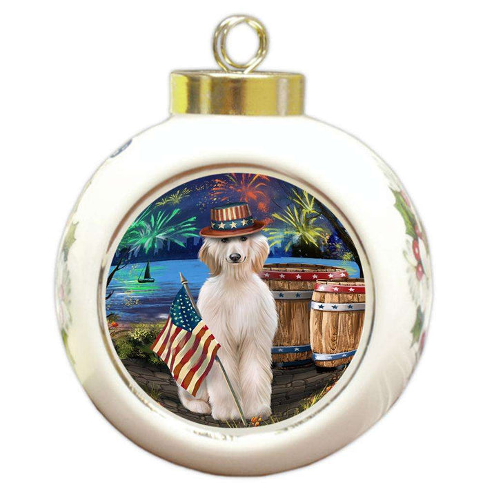 4th of July Independence Day Fireworks Afghan Hound Dog at the Lake Round Ball Christmas Ornament RBPOR51064