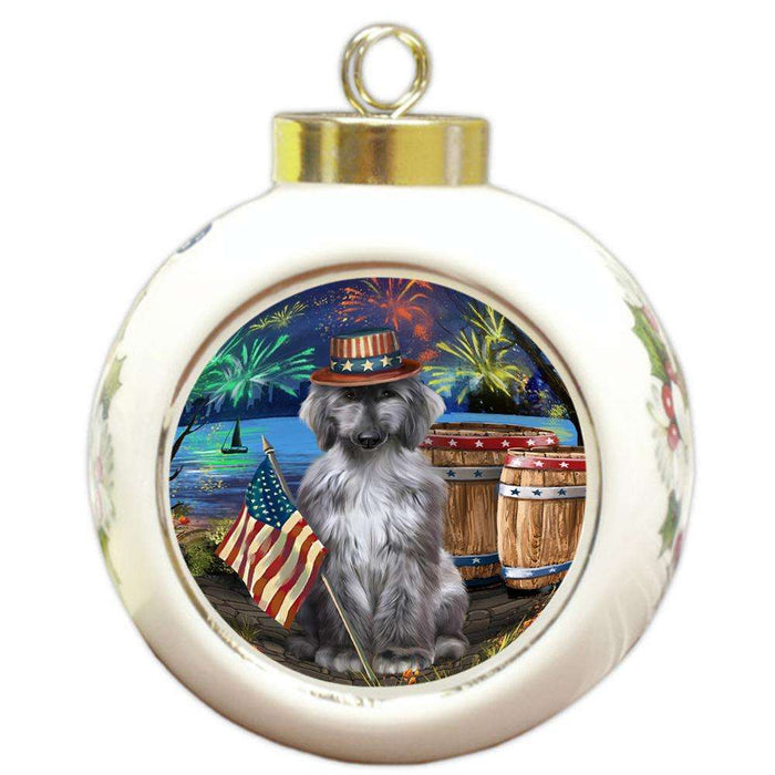 4th of July Independence Day Fireworks Afghan Hound Dog at the Lake Round Ball Christmas Ornament RBPOR51065