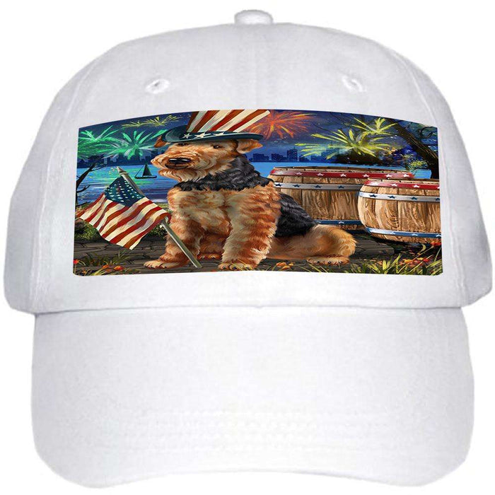 4th of July Independence Day Fireworks Airedale Terrier Dog at the Lake Ball Hat Cap HAT56439