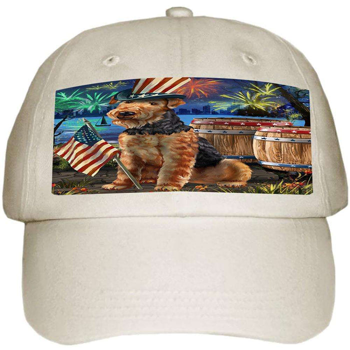 4th of July Independence Day Fireworks Airedale Terrier Dog at the Lake Ball Hat Cap HAT56439