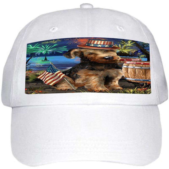 4th of July Independence Day Fireworks Airedale Terrier Dog at the Lake Ball Hat Cap HAT56442