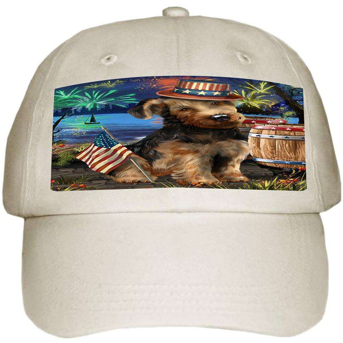 4th of July Independence Day Fireworks Airedale Terrier Dog at the Lake Ball Hat Cap HAT56442