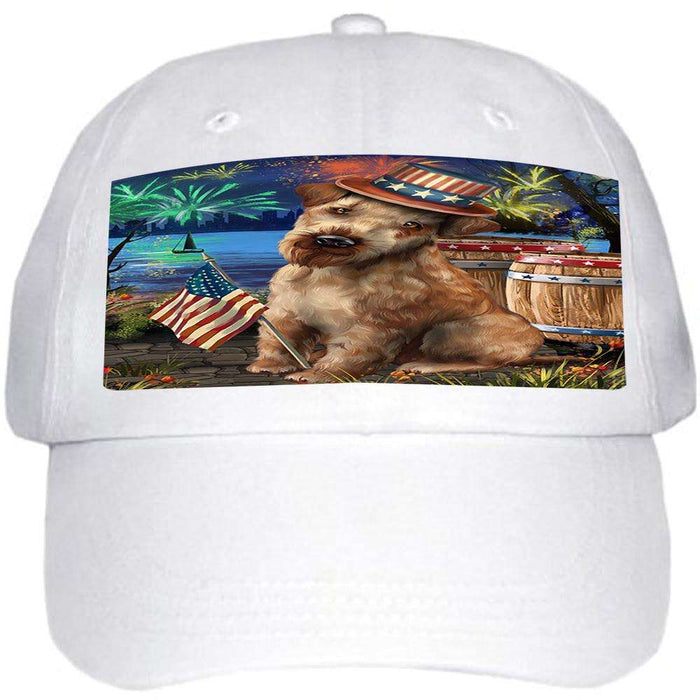 4th of July Independence Day Fireworks Airedale Terrier Dog at the Lake Ball Hat Cap HAT56445