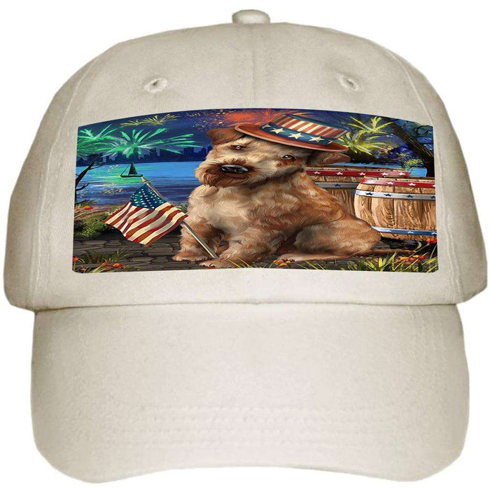 4th of July Independence Day Fireworks Airedale Terrier Dog at the Lake Ball Hat Cap HAT56445