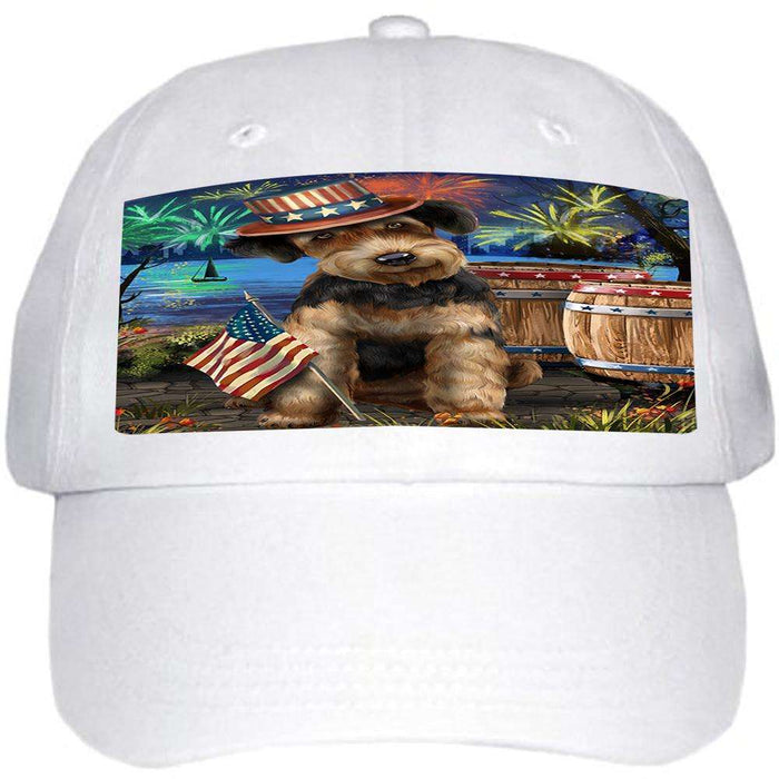 4th of July Independence Day Fireworks Airedale Terrier Dog at the Lake Ball Hat Cap HAT56448