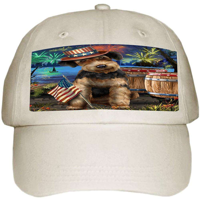 4th of July Independence Day Fireworks Airedale Terrier Dog at the Lake Ball Hat Cap HAT56448