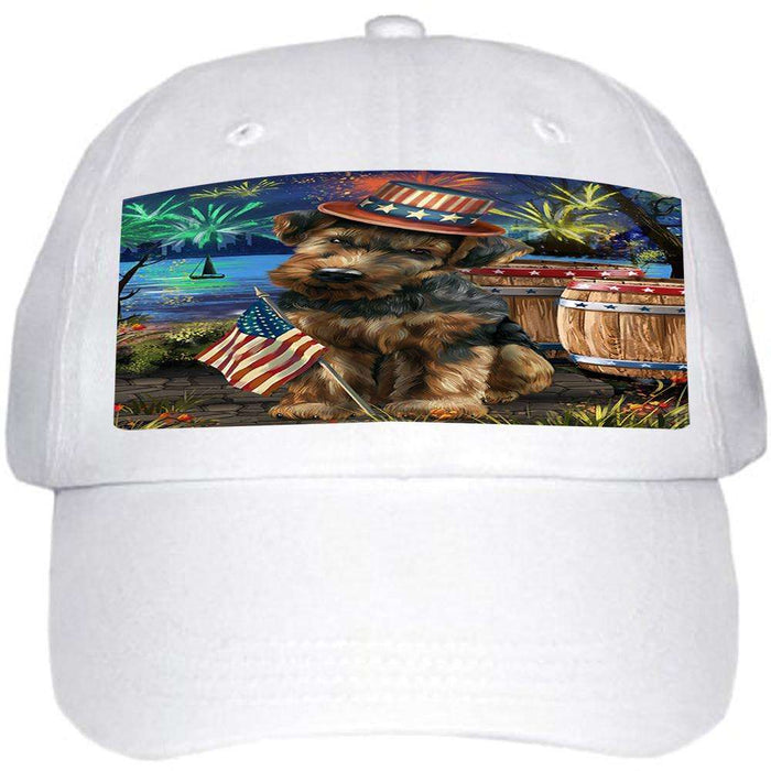 4th of July Independence Day Fireworks Airedale Terrier Dog at the Lake Ball Hat Cap HAT56451