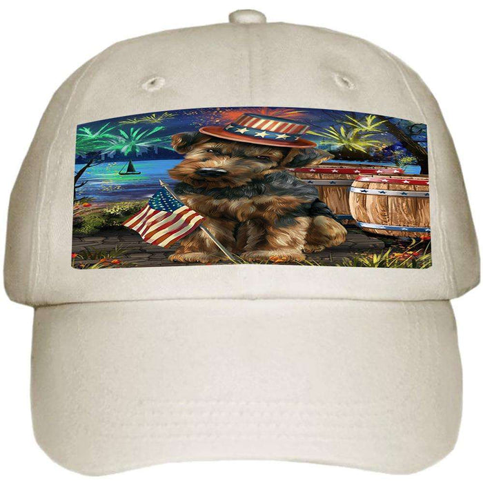 4th of July Independence Day Fireworks Airedale Terrier Dog at the Lake Ball Hat Cap HAT56451